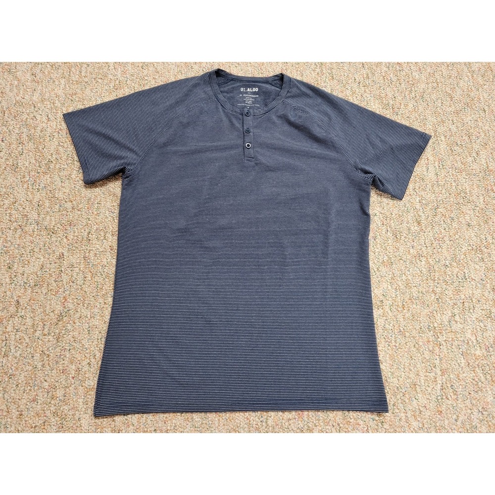 01.ALGO Performance Henley Shirt Mens Medium Blue Striped Short Sleeve Active